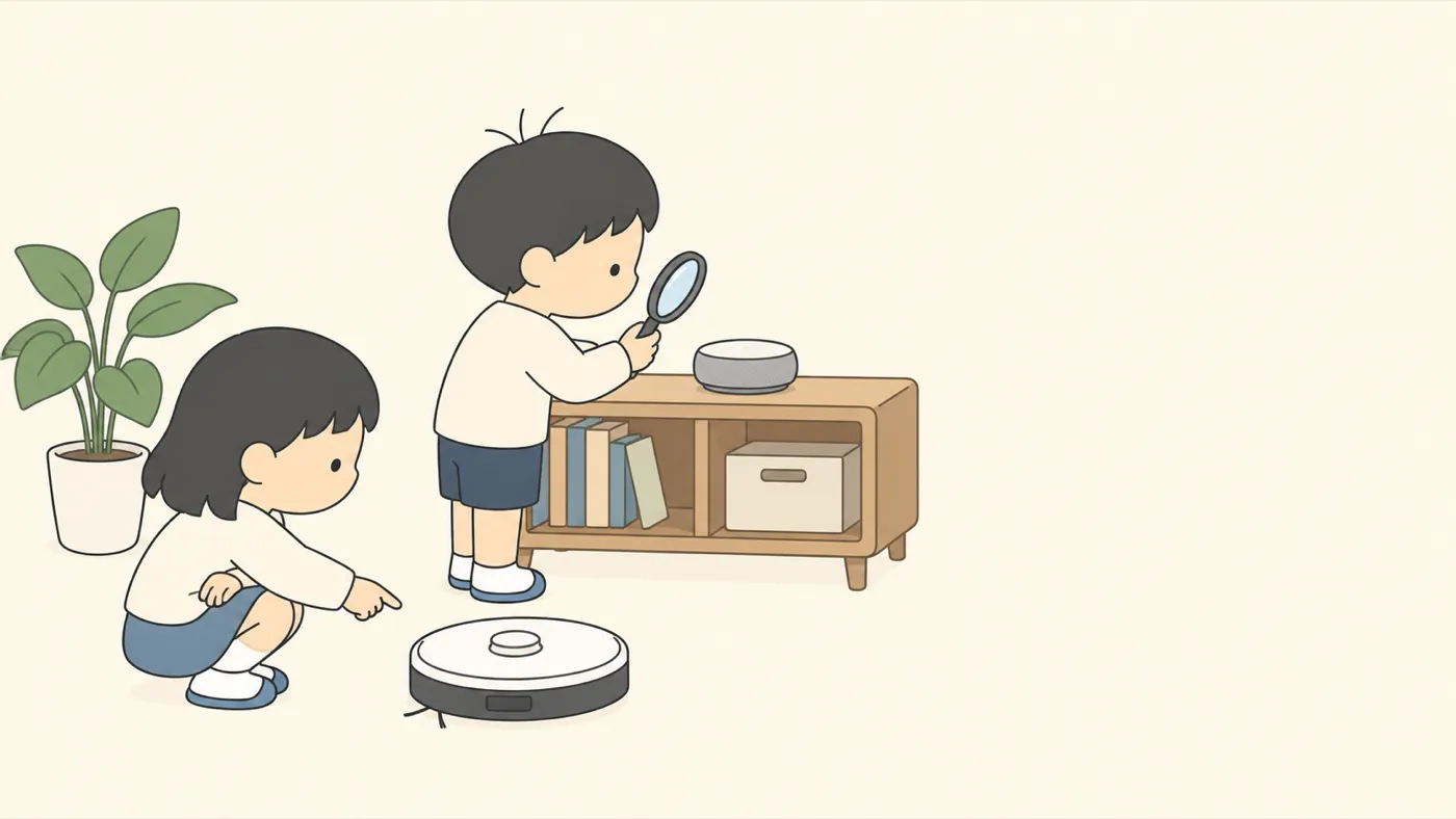 居間でスピーカーを虫めがねでのぞき、おそうじロボットを指さす2人の子ども