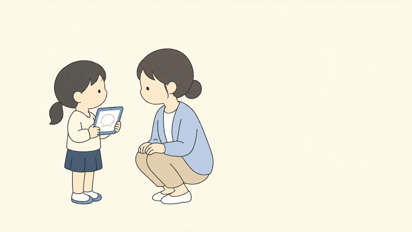 タブレットを持った子どもの話を、しゃがんで目の高さを合わせて聞く先生