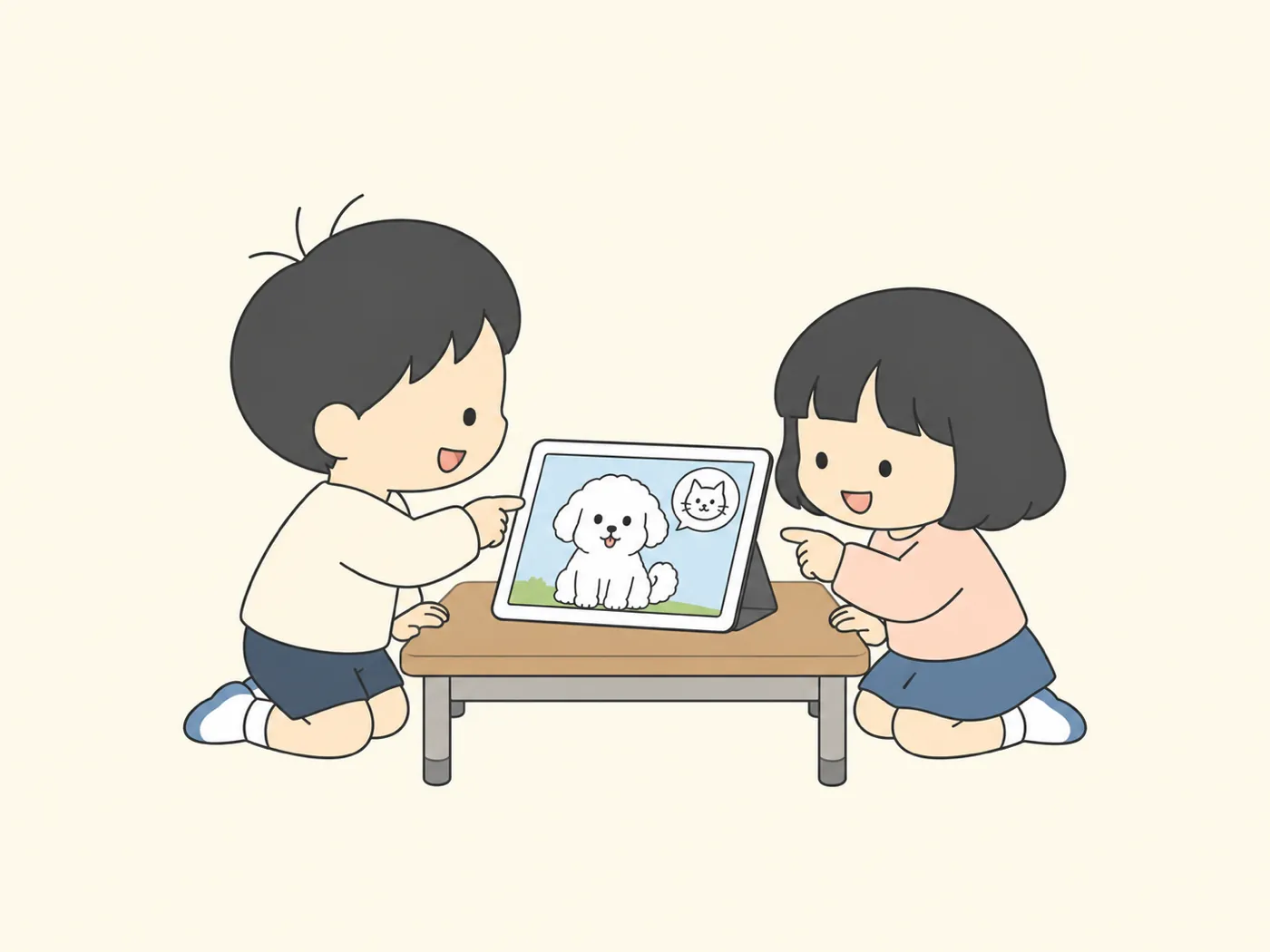 タブレットが白いふわふわの犬をネコとまちがえ、子どもたちが画面を指さして笑っている
