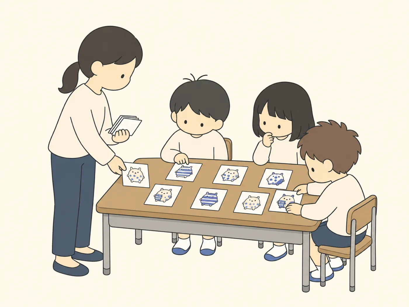 先生が班の机に新しいカードを追加で配り、子どもたちが並べ直している