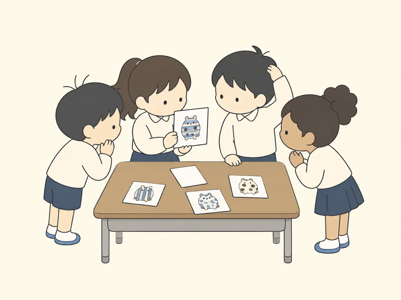 班の子どもたちが、裏返したカードを見て驚き、1人は頭をかいている