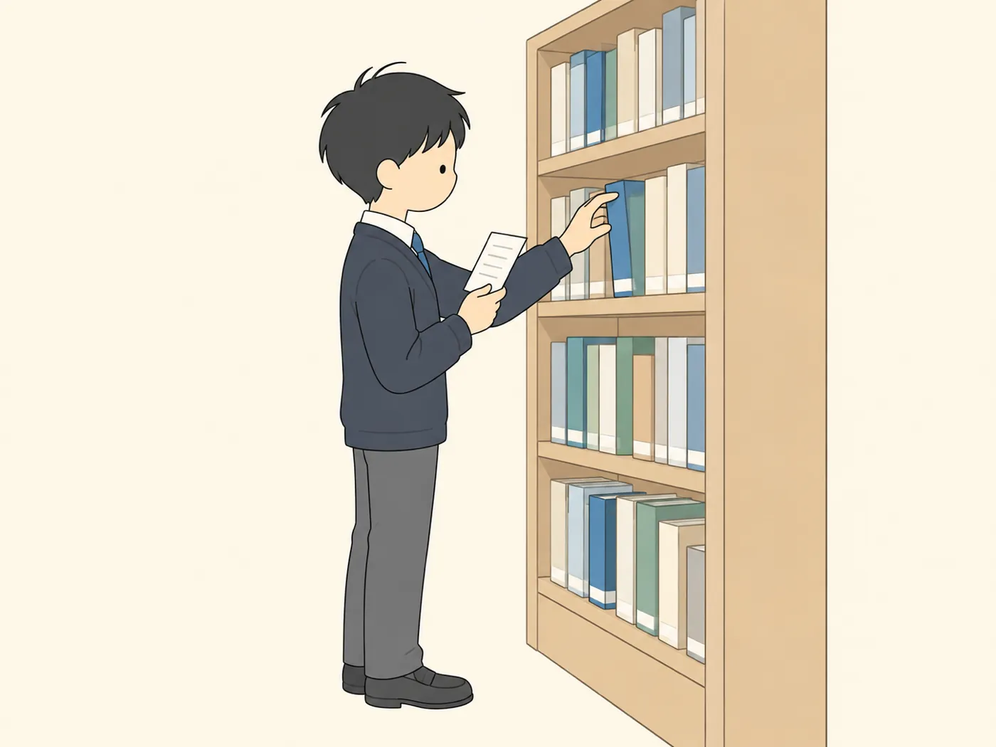 メモを手に、図書館の本棚で本を探す高校生