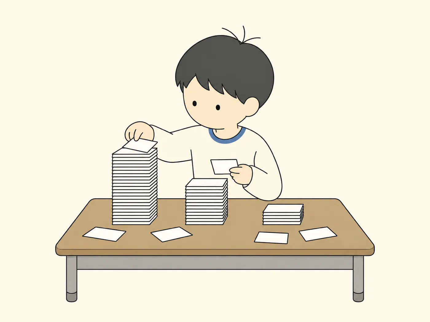 紙片を高さのちがう山に仕分けている高校生