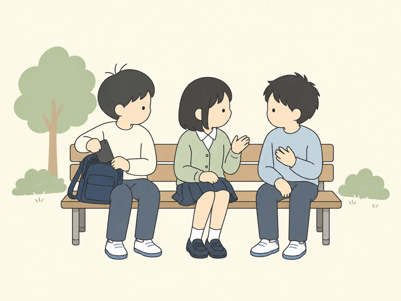 公園のベンチで、スマートフォンをかばんにしまいながら友達2人と話している中学生