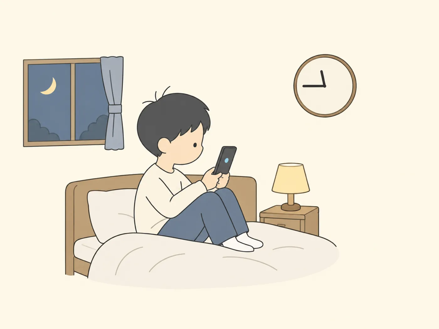 夜、ベッドに座ってスマートフォンを見続けている中学生。壁の時計は遅い時間をさしている