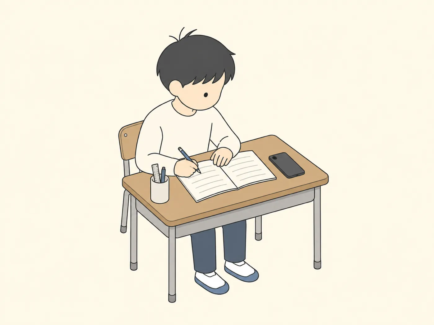 机でノートに書きこんでいる中学生。スマートフォンは画面を伏せて横に置いてある