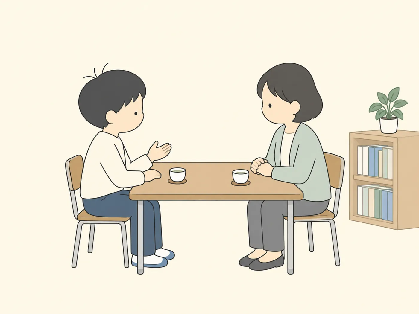 学校の相談室で、中学生がスクールカウンセラーと向かい合って座り、話している