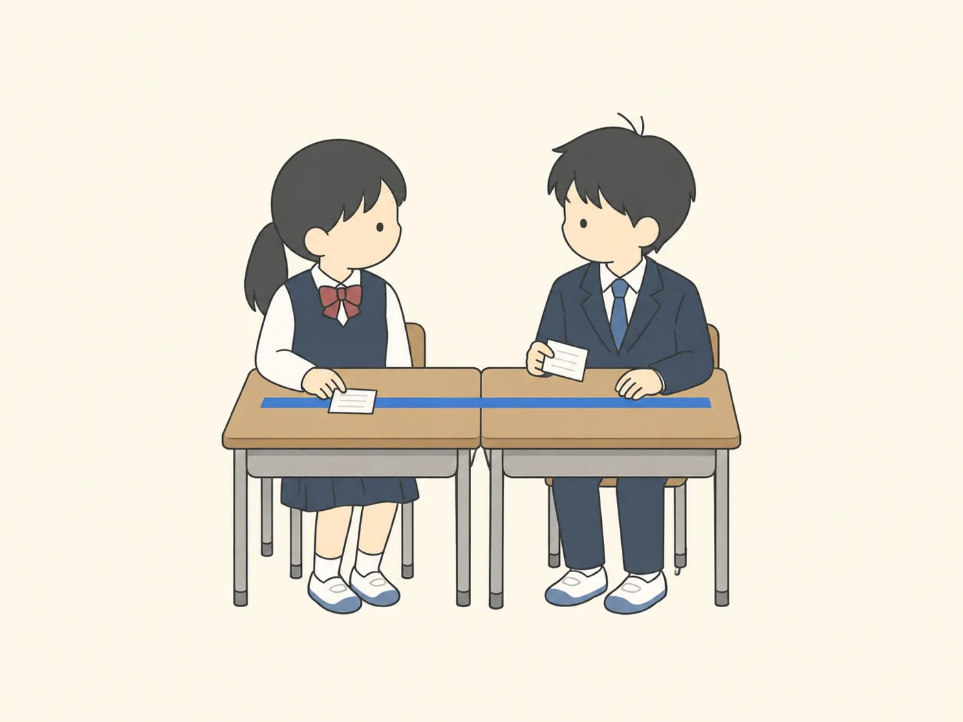 机の上の青い線にカードを置き、顔を見合わせる2人の中学生