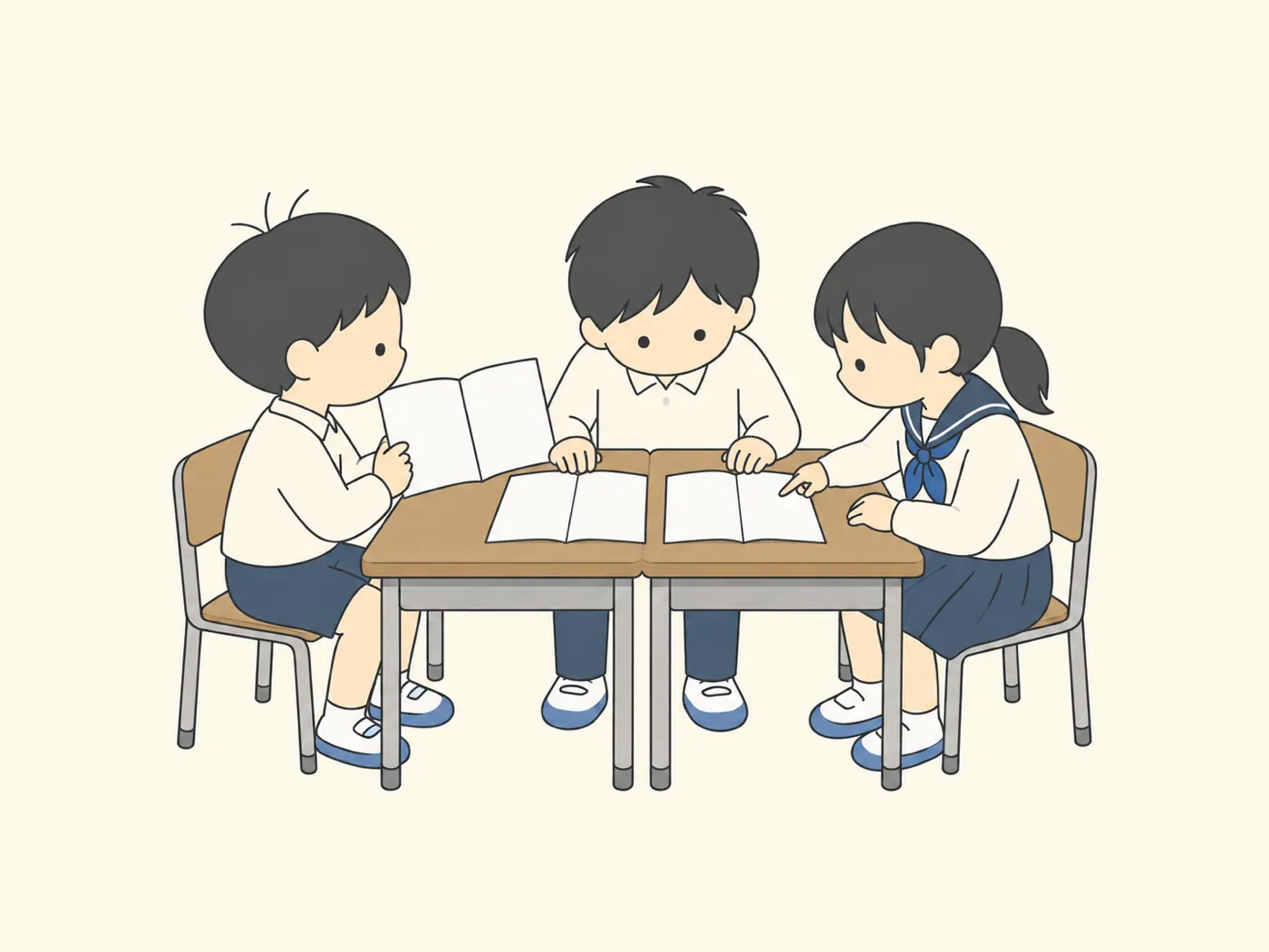 机をくっつけてノートを見せ合い、2冊を見比べている3人の生徒