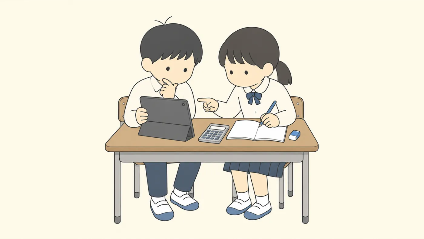 タブレットの画面を見て考える生徒と、ノートで計算しながら画面を指さす生徒