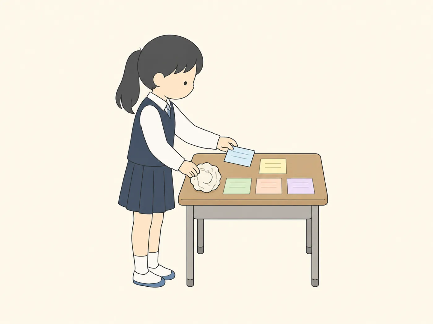 大きな紙のかたまりを小さなカードに分けて机に並べる中学生