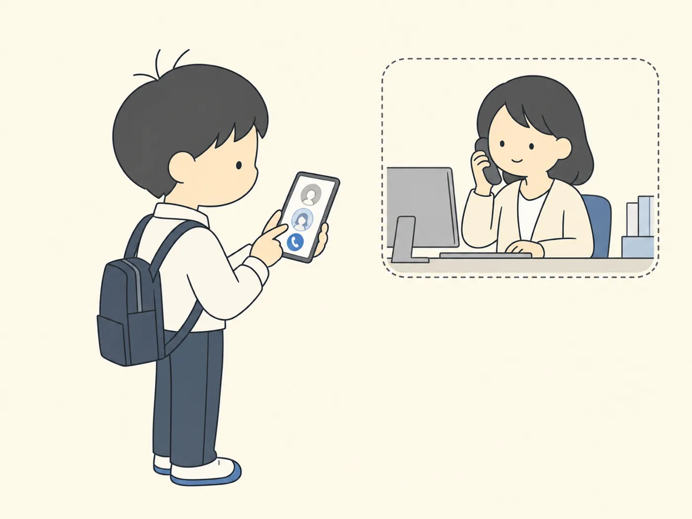 中学生がスマートフォンのアドレス帳から家族にかけ直し、職場の母親が電話に出ている
