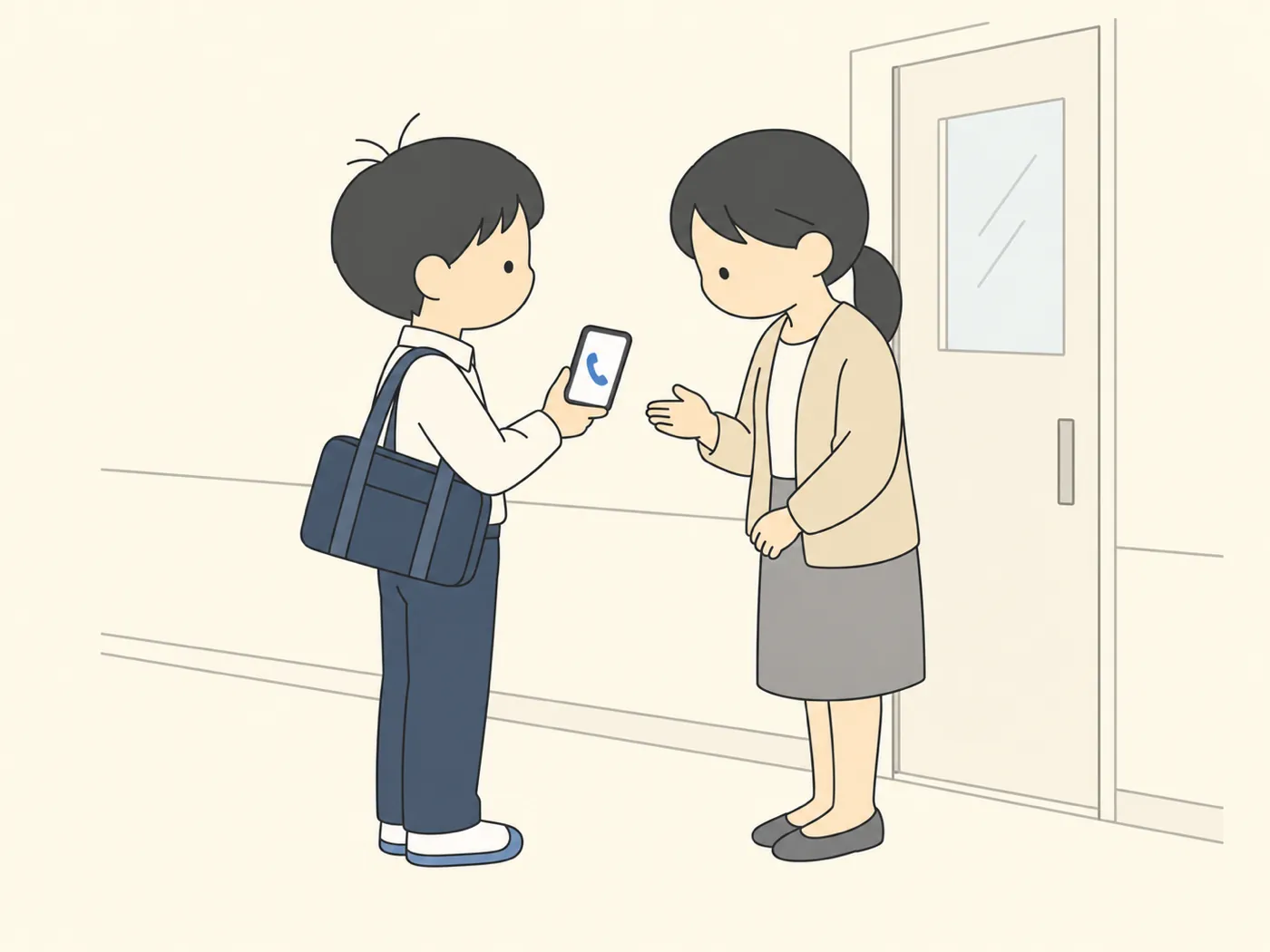 学校の廊下で、中学生が先生にスマートフォンの画面を見せて相談している