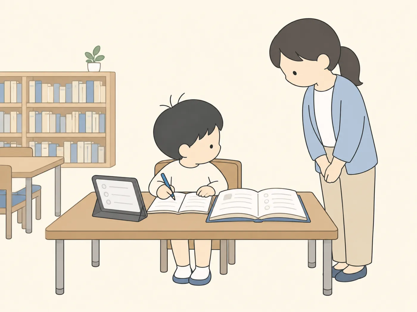 図書室で、子どもが本とタブレットを見比べてノートに書き、先生が見守っている