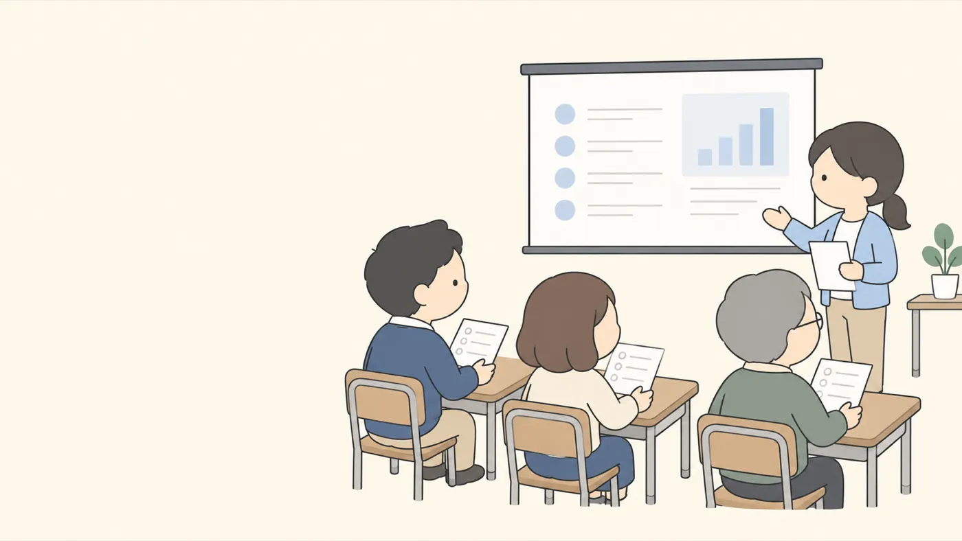 スクリーンの前で先生が話し、保護者が配られた資料を見ながら聞いている説明会