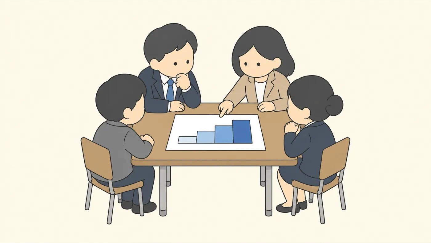 会議のテーブルで、管理職と教育委員会の担当者が4段の階段の図を見ながら相談している
