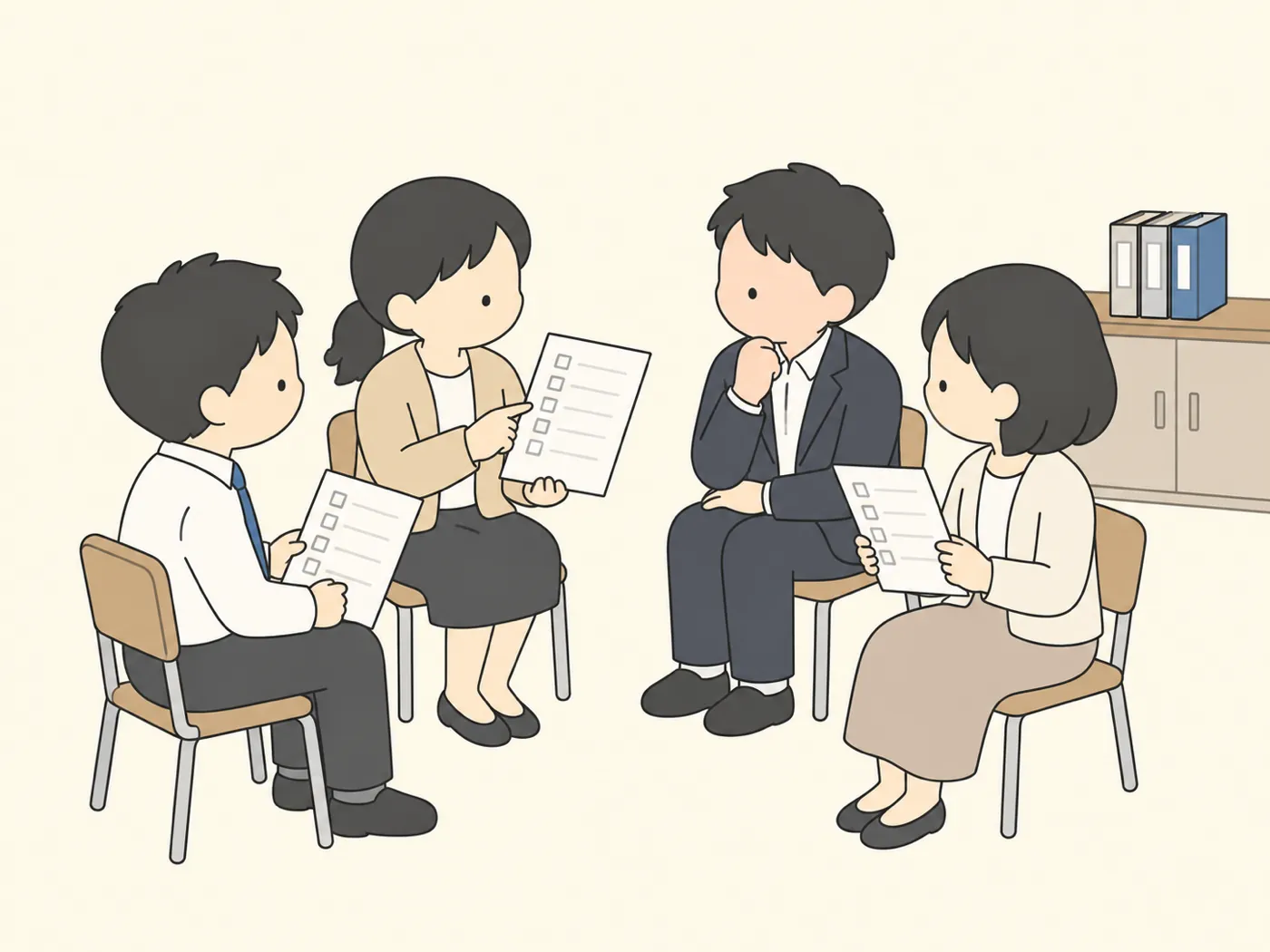 職員室で4人の先生が輪になって座り、チェック表を見ながらふりかえりをしている