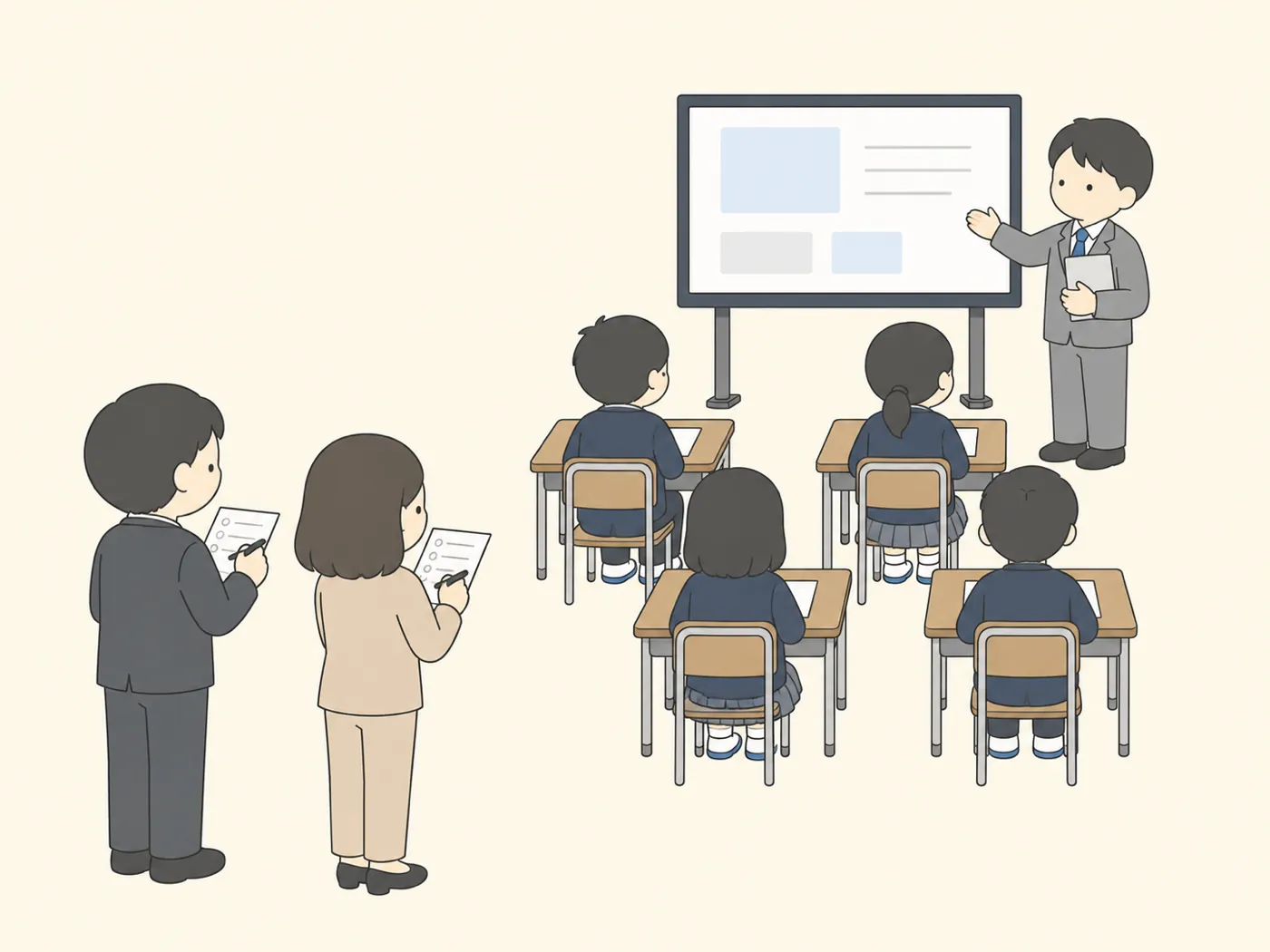 教室で先生が大きな画面の前で授業をし、後ろで2人の先生がメモを取りながら見学している