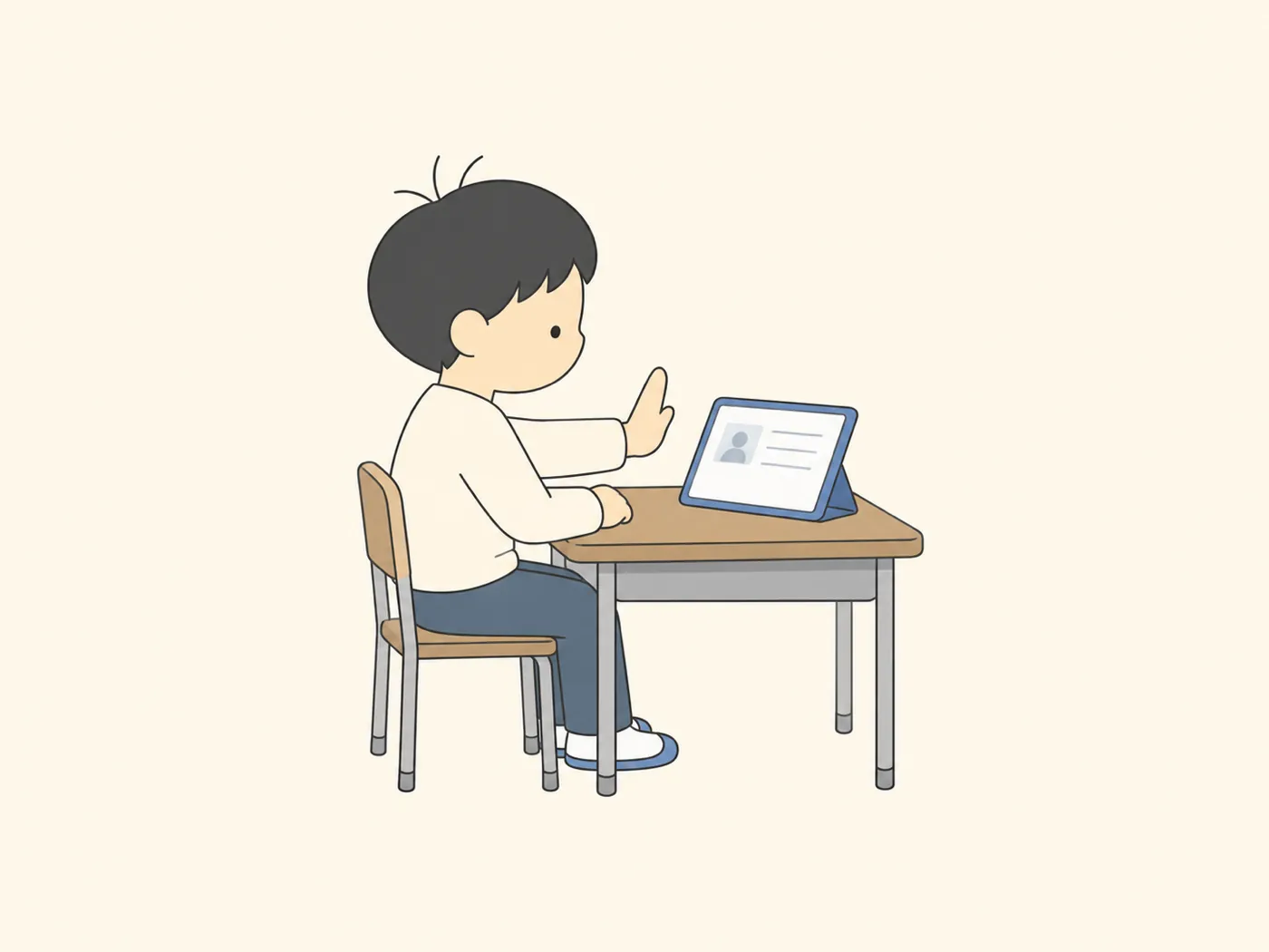 タブレットの前で手のひらを出し、入力する前に自分を止める中学生