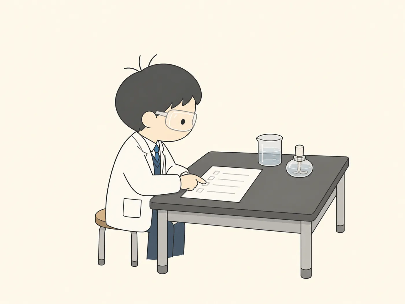 保護めがねと白衣を身につけ、実験計画のプリントを指さして確かめる中学生