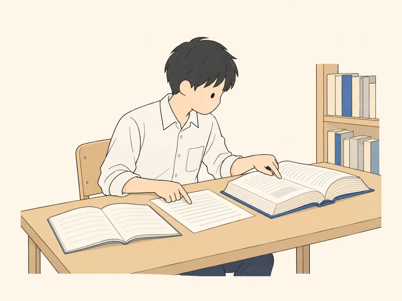 図書室で厚い資料を開き、プリントと指で照らし合わせる中学生