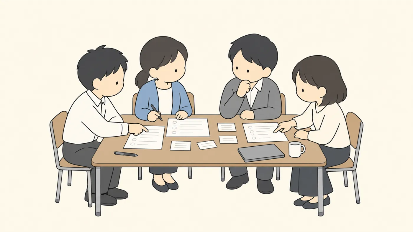 長机を囲み、ワークシートとカードを指さして話し合う4人の先生