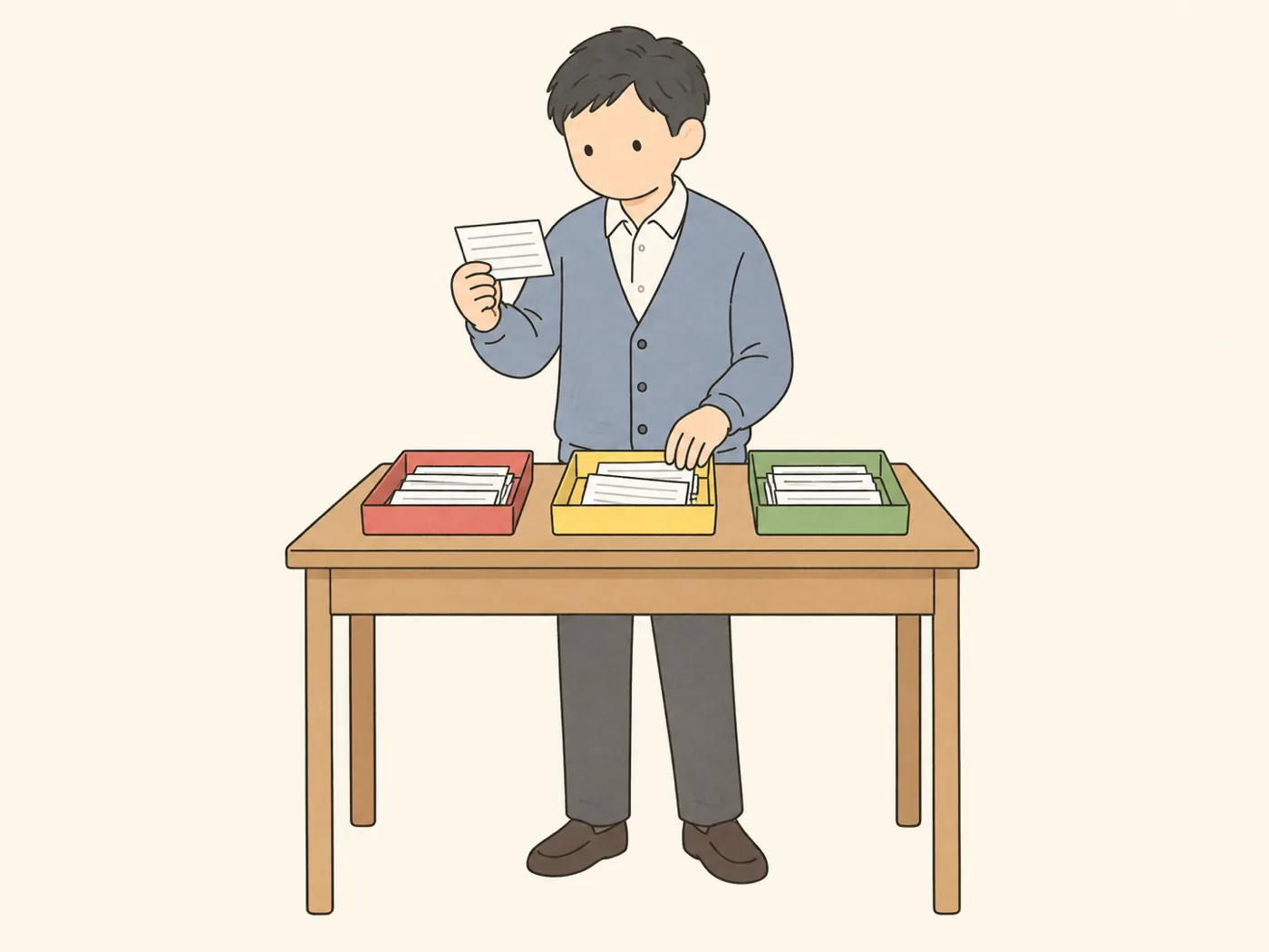 白いカードを、赤・黄・緑の3つのトレイに仕分ける先生