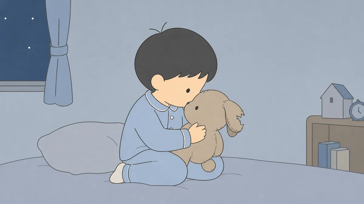 深夜の子ども部屋で古いぬいぐるみを抱きしめる子ども