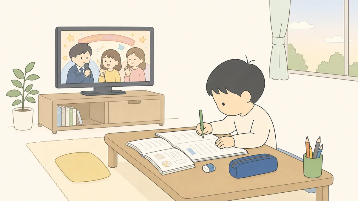 夕方のリビングでテレビの光だけが部屋を照らしている