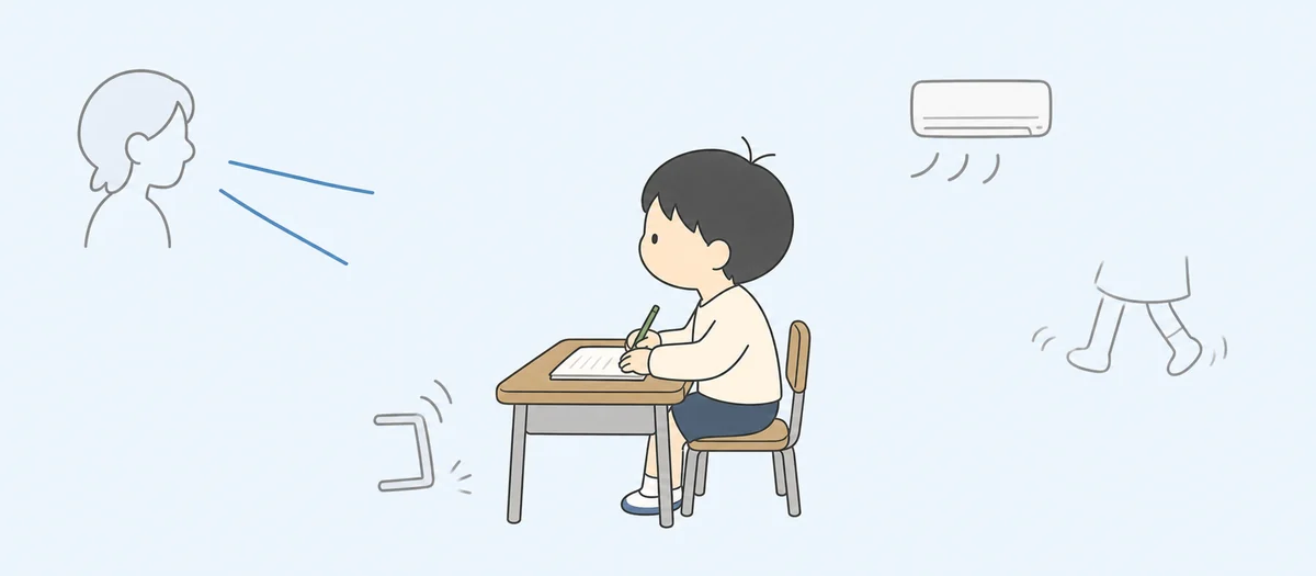 教室の中で先生の声と周囲の音が重なり、子どもが聞き取りに集中している様子