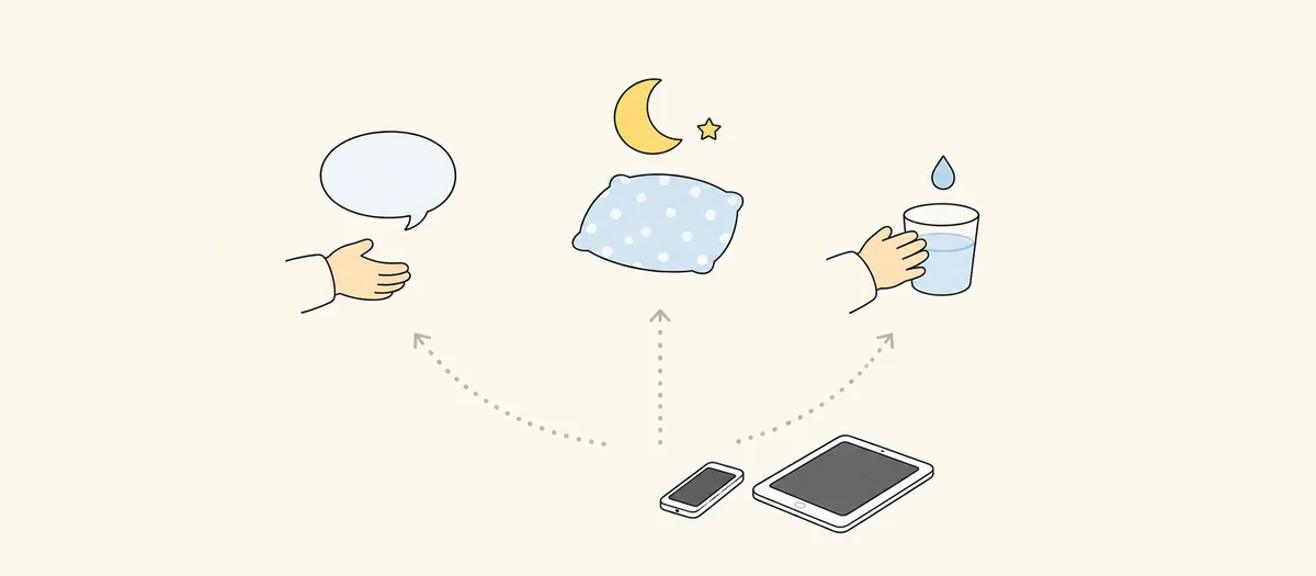 スマホとタブレットの時間が、会話、睡眠、手で試す体験へ向かう時間を置き換える可能性を示す図