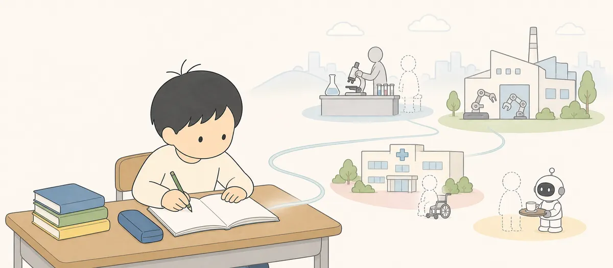 教室で勉強する子どものノートから、研究所、工場、医療施設、ロボットへ線が伸びているイラスト