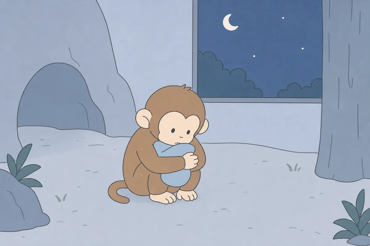 夜の檻の中で布にしがみつくサルの子ども