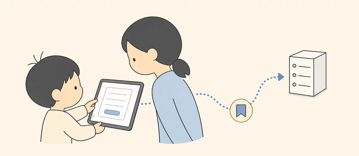 タブレットのフォーム画面からサーバーへデータが流れる様子を見る子どもと先生