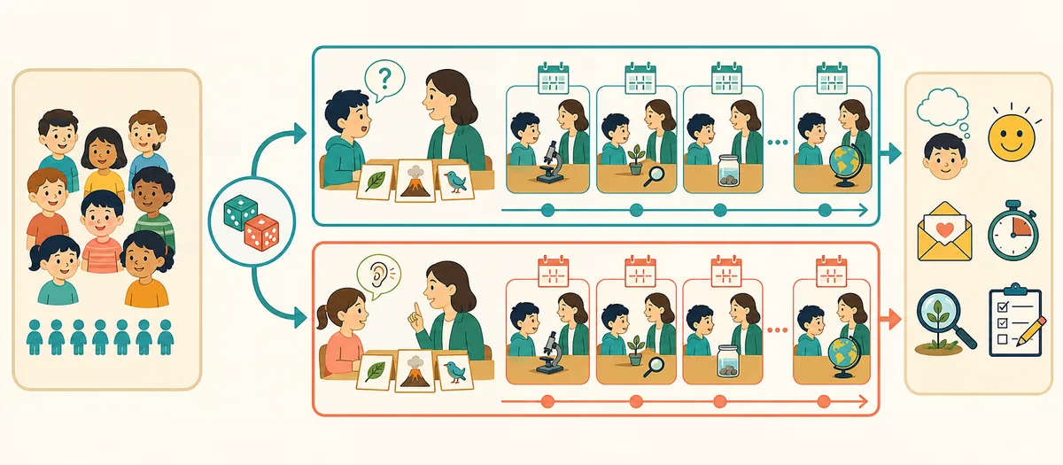 5歳から7歳の子ども103人を2つのグループに分け、2週間で8回の科学レッスンを行った研究設計のイメージ