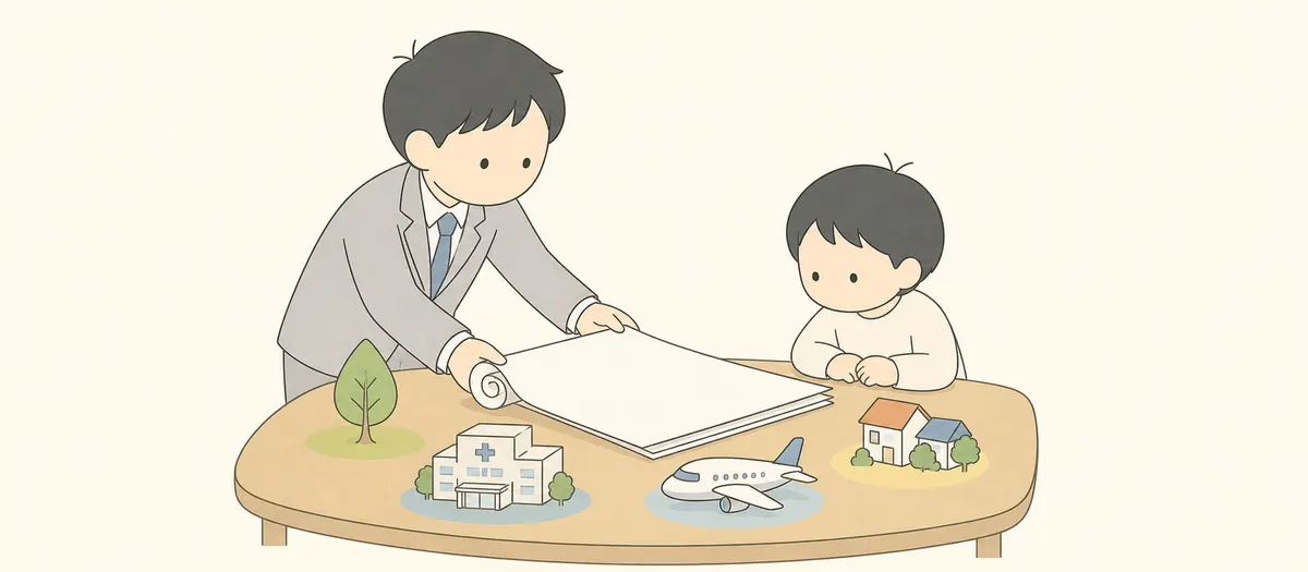 大人が白紙の計画書を子どもに差し出し、周囲に環境、医療、航空、住宅の小さな模型が置かれているイラスト