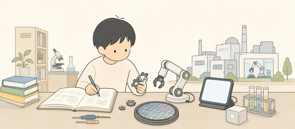 子どもがノートを開き、ロボットアーム、半導体ウエハー、実験器具、工場を前に学んでいるイラスト